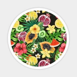 Tropical mix-fruit, flowers and leaves on black Magnet